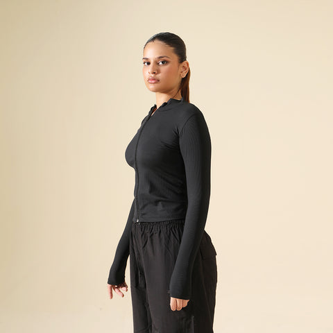 Fitted Ribbed Jacket - Black