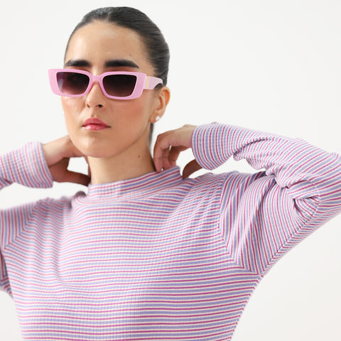 Pink Striped Mock Neck Long Sleeve Top