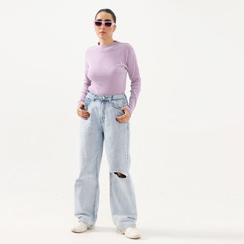 Pink Striped Mock Neck Long Sleeve Top
