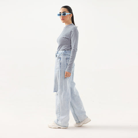 Blue Striped Mock Neck Long Sleeve Top