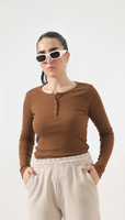 Earthy Brown Long Sleeve Ribbed Henley