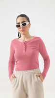 Salmon Long Sleeve Ribbed Henley