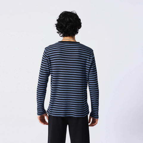 Blue Stripped Waffle Knit L/S Crew Neck