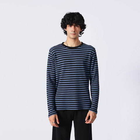 Blue Stripped Waffle Knit L/S Crew Neck