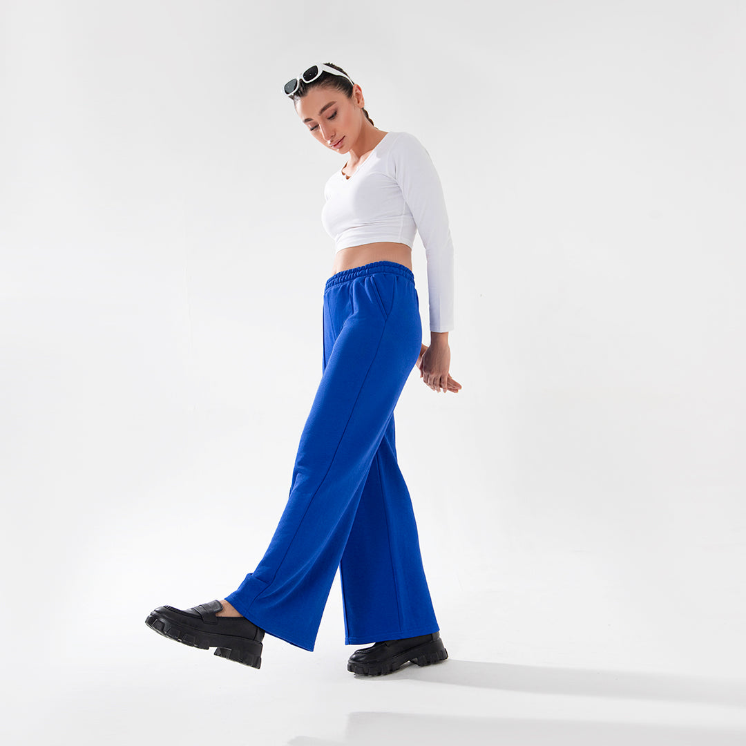 Wide Leg Seam Front Flare Joggers in Royal Blue